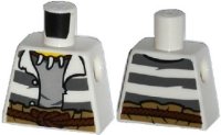 LEGO onderdeel Torso Town Prisoner Jacket Open with Buttons and Dark Bluish Gray Stripes over Light Bluish Gray Shirt, Reddish Brown Rope Belt, Animal Tooth / Claw Necklace, Yellow Neck Pattern 973pb1903