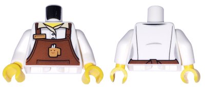 LEGO part Torso Reddish Brown Apron Female Outline with Cup and Name Tag Pattern / White Arms / Yellow Hands (973pb2033c01)