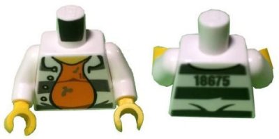 LEGO part Torso Town Prisoner Number 18675, Dark Bluish Gray Stripes, Orange Shirt Pattern / White Arms / Yellow Hands (973pb2163c01)