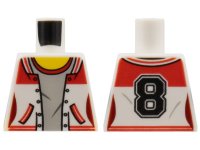 LEGO onderdeel Torso Female Jacket Open, Light Bluish Gray Shirt with Red Collar, Yellow Neck, Black Number 8 on Back Pattern 973pb2626