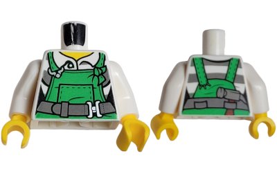 LEGO part Torso Overalls Green over Prison Stripes Shirt, Dark Bluish Gray Belt Pattern / White Arms / Yellow Hands (973pb2664c01)