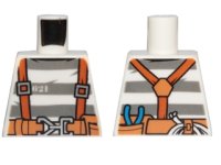 LEGO part Torso Town Prisoner Number 621, Gray Stripes, Suspenders and Belt with Pliers and Rope Pattern 973pb2759