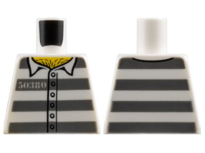 LEGO part Torso Town Prisoner Number 50380, Dark Bluish Gray Stripes, 6 Buttons, Hairy Chest Pattern (973pb3374)