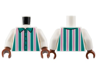 LEGO part Torso Shirt with Dark Turquoise and Dark Pink Vertical Stripes Pattern / White Arms / Reddish Brown Hands (973pb3548c03)