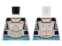 LEGO part Torso Racing Suit, Bright Light Blue and Coral Stripes, White Chest Protector, Sport Mountains Logo Pattern 973pb4471