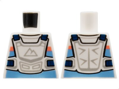 LEGO part Torso Racing Suit, Bright Light Blue and Coral Stripes, White Chest Protector, Sport Mountains Logo Pattern (973pb4471)