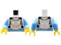 LEGO part Torso Racing Suit, Bright Light Blue and Coral Stripes, White Chest Protector, Sport Mountains Logo Pattern / Medium Blue Arms / Yellow Hands 973pb4471c01