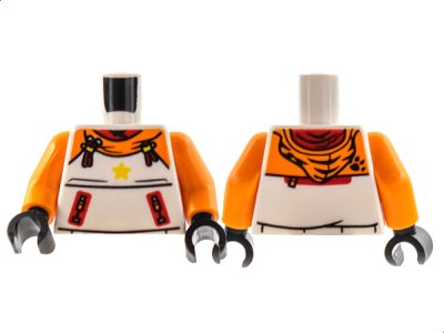 LEGO part Torso Hoodie, Orange Shoulders and Hood, Yellow Star, Red Tassels Pattern / Orange Arms / Black Hands (973pb4589c01)