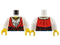 LEGO part Torso Female Pirate, Red Vest over Ruffled Shirt, Dark Blue Sash with Gold Stripes, Reddish Brown Belt with Buckles, Necklace with Beads and Skull, Yellow Neck Pattern / White Arms / Yellow Hands 973pb5294c01