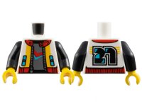 LEGO part Torso Open Jacket over Dark Bluish Gray Shirt, Silver Zipper, Medium Azure Pockets, Bright Light Orange and Red Trim, Black Number 23 on Back Pattern / Black Arms / Yellow Hands 973pb5304c01