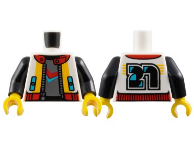 LEGO part Torso Open Jacket over Dark Bluish Gray Shirt, Silver Zipper, Medium Azure Pockets, Bright Light Orange and Red Trim, Black Number 23 on Back Pattern / Black Arms / Yellow Hands (973pb5304c01)