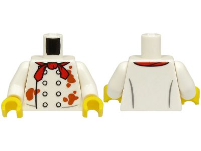 LEGO part Torso Chef Jacket with 8 Buttons and Dark Orange Splotches, Red Neckerchief Pattern (BAM) / White Arms / Yellow Hands (973pb5434c01)