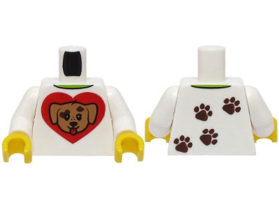 LEGO part Torso Shirt with Lime Collar, Medium Nougat Dog Head on Red Heart, Dark Brown Paw Prints on Back Pattern (BAM) / White Arms / Yellow Hands (973pb5626c01)
