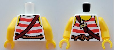 LEGO part Torso Pirate Tank Top with Red Horizontal Stripes, Rope Belt, Shoulder Strap, Name Tag and Yellow Neck and Shoulders Pattern / Yellow Arms / Yellow Hands (Set 40710) (973pb5628c01)