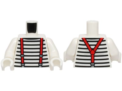 LEGO part Torso Shirt with Black Stripes, Red Suspenders with Dark Bluish Gray Buckles Pattern (BAM) / White Arms / White Hands (973pb5740c01)