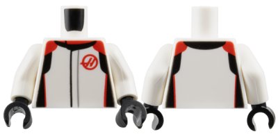 LEGO part Torso Racing Suit with Black and Red Collar, Shoulders, Sides and Haas Formula 1 Logo Stylized Capital Letter H Pattern / White Arms / Black Hands (973pb5967c01)