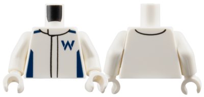 LEGO part Torso Racing Suit with Dark Blue Shoulders, Sides and Williams Formula 1 Logo Stylized Capital Letter W Pattern / White Arms / White Hands (973pb5968c01)