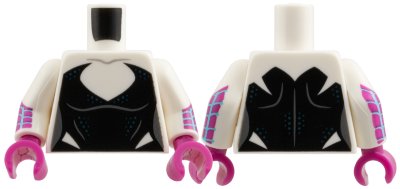 LEGO part Torso Female Black Bodysuit with Deep V Neck and Dark Blue Dots, Dark Bluish Gray Sides Pattern / White Arms with Medium Azure Webbing on Magenta Background Pattern / Magenta Hands (973pb6083c02)