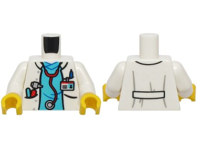 LEGO part Torso Hospital Lab Coat Open, Medium Azure Scrubs, Red and Silver Stethoscope, ID Badge, Otoscope and Pen in Pockets Pattern (BAM) / White Arms / Yellow Hands (973pb6090c01)