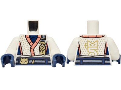 LEGO part Torso Robe with Coral Hems, Dark Blue Panels, Gold Cat Head on Sand Blue Belt Pattern / White Arms / Dark Blue Hands (973pb6222c01)