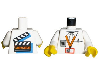 LEGO onderdeel Torso Studios Cameraman ID, Logo, Pen, Film Slate on Back Pattern / White Arms / Yellow Hands (973px64c01)