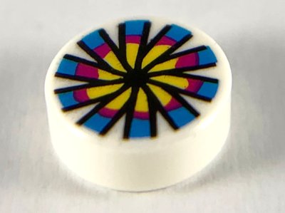 LEGO part Tile, Round 1 x 1 with Yellow, Magenta and Dark Azure Flower and Chinese Pellet Drum Pattern (98138pb119)