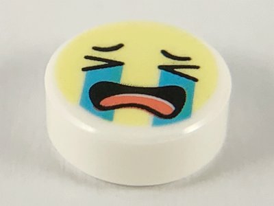 LEGO part Tile, Round 1 x 1 with Emoji, Bright Light Yellow Face, Crying Medium Azure Tear Streams, Open Mouth with Coral Tongue Pattern (98138pb138)