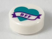 LEGO part Tile, Round 1 x 1 with Dark Turquoise Heart and Banner with Dark Purple 'BFF' Pattern 98138pb147