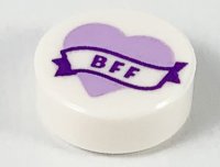 LEGO part Tile, Round 1 x 1 with Lavender Heart and Banner with Dark Purple 'BFF' Pattern 98138pb150