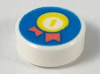 LEGO part Tile, Round 1 x 1 with Yellow Number 1 in Circle Medal with Coral Ribbons on Dark Azure Background Pattern 98138pb155