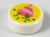 LEGO part Tile, Round 1 x 1 with Coral and Bright Pink Party Hat and Bright Green and Blue Confetti on Yellow Background Pattern 98138pb156