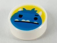 LEGO part Tile, Round 1 x 1 with Dark Azure Monster Head with Horns, Black Eyes and 4 White Underbite Teeth on Yellow Background Pattern 98138pb160