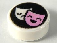 LEGO part Tile, Round 1 x 1 with White and Bright Pink Tragedy/Comedy Theater Masks on Black Background Pattern 98138pb163