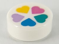 LEGO part Tile, Round 1 x 1 with Flower Pattern Made of 5 Hearts in Lavender, Bright Light Orange, Dark Pink, Dark Turquoise, and Dark Azure 98138pb166