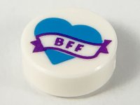 LEGO part Tile, Round 1 x 1 with Dark Azure Heart and Banner with Dark Purple 'BFF' Pattern 98138pb167
