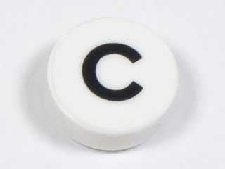 LEGO part Tile, Round 1 x 1 with Black Capital Letter C Pattern (98138pb213)