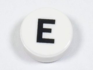 LEGO part Tile, Round 1 x 1 with Black Capital Letter E Pattern (98138pb215)