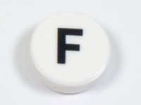 LEGO part Tile, Round 1 x 1 with Black Capital Letter F Pattern 98138pb216