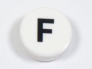 LEGO part Tile, Round 1 x 1 with Black Capital Letter F Pattern (98138pb216)