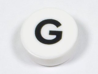 LEGO part Tile, Round 1 x 1 with Black Capital Letter G Pattern (98138pb217)