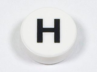 LEGO part Tile, Round 1 x 1 with Black Capital Letter H Pattern (98138pb218)