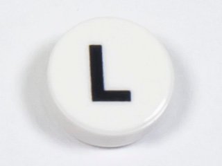 LEGO part Tile, Round 1 x 1 with Black Capital Letter L Pattern (98138pb222)