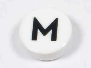 LEGO part Tile, Round 1 x 1 with Black Capital Letter M / W Pattern (98138pb223)