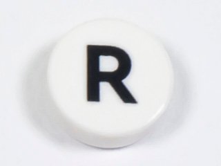 LEGO part Tile, Round 1 x 1 with Black Capital Letter R Pattern (98138pb228)