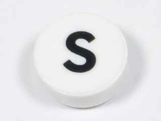 LEGO part Tile, Round 1 x 1 with Black Capital Letter S Pattern (98138pb229)