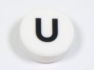 LEGO part Tile, Round 1 x 1 with Black Capital Letter U Pattern (98138pb231)
