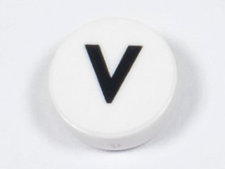 LEGO part Tile, Round 1 x 1 with Black Capital Letter V Pattern (98138pb232)