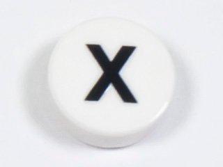 LEGO part Tile, Round 1 x 1 with Black Capital Letter X Pattern (98138pb233)