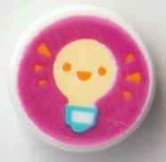 LEGO part Tile, Round 1 x 1 with Bright Light Yellow Light Bulb with Orange Eyes and Open Mouth Smile on Magenta Background Pattern 98138pb239
