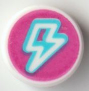 LEGO part Tile, Round 1 x 1 with Medium Azure and White Lightning Bolt Profile on Magenta Background Pattern 98138pb245